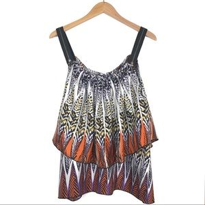 Notice 100% Silk Feather Print Ruffle Zipper Top